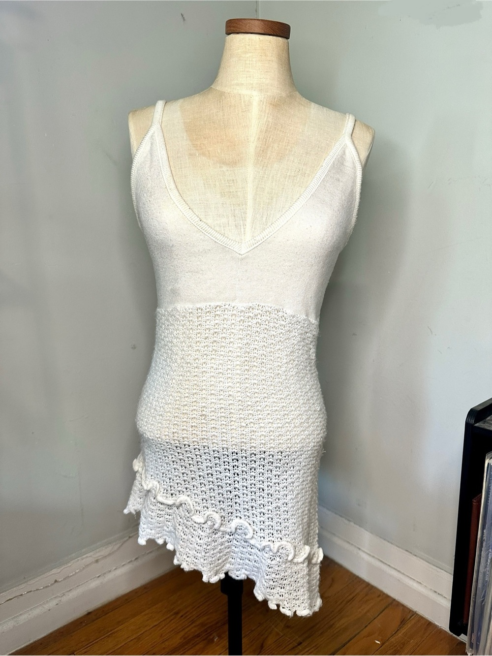 White Crochet Knit Asymmetrical Y2K Vintage Sparkly Summer Tank top Dress